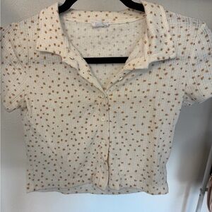 Cotton On Cream Button-Front Collared Knit Top with Brown Dot Print